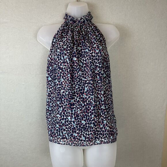 Ramy Brook High Neck Halter Tank Top XS Navy And Pink Flowy 100% Silk - Picture 1 of 6